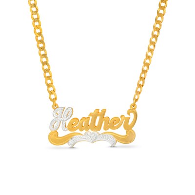 14K Gold Plated Personalized Beaded Heart Nameplate Two-Tone Curb Chain Necklace - 18"