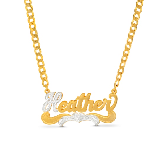 Personalized Beaded Heart Nameplate Curb Chain Necklace in Sterling Silver with 14K Gold Plate
