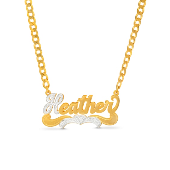 Personalized Beaded Heart Nameplate Curb Chain Necklace in Sterling Silver with 14K Gold Plate
