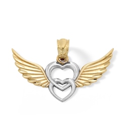 10K Solid Gold Double Heart with Wings Two-Tone Necklace Charm