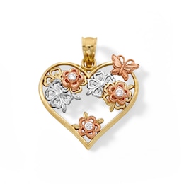 10K Solid Gold CZ Butterfly Heart Tri-Tone Necklace Charm