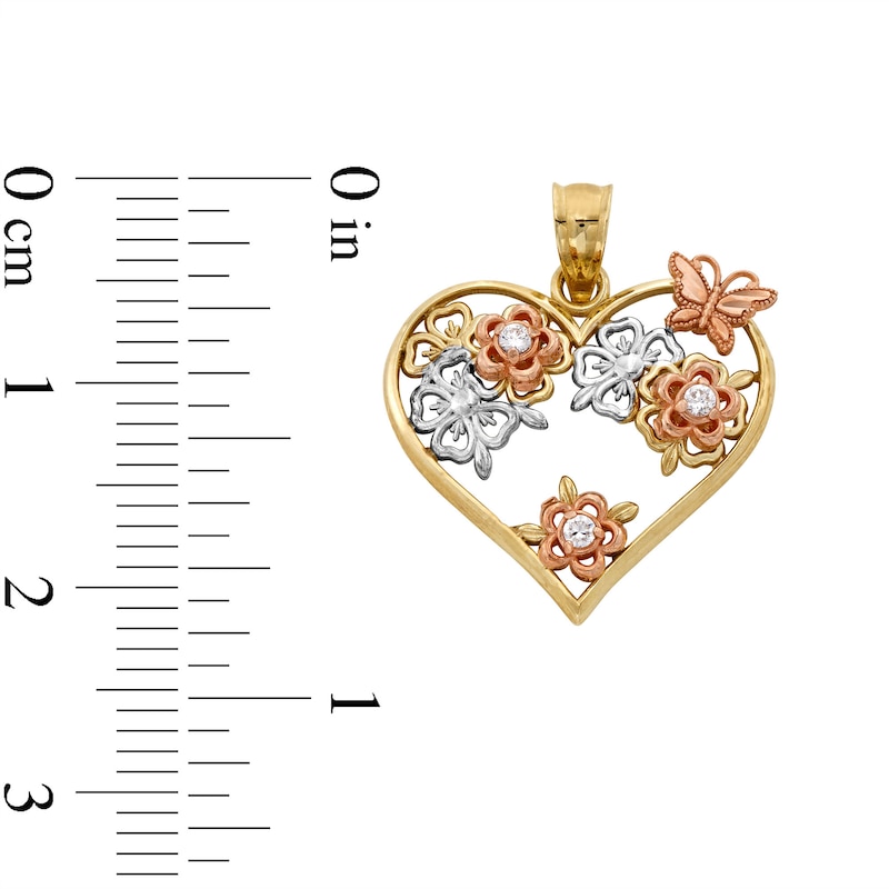 10K Solid Gold CZ Butterfly Heart Tri-Tone Necklace Charm
