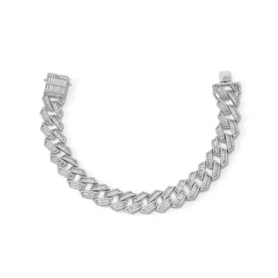 Solid Sterling Silver CZ Baguette and Round Curb Chain Link Bracelet - 8.75"