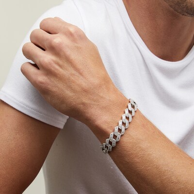 Solid Sterling Silver CZ Baguette and Round Curb Chain Link Bracelet - 8.75"
