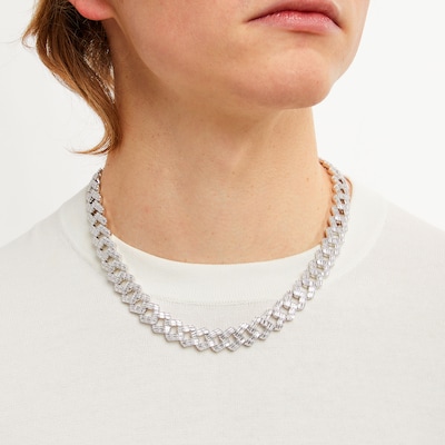 Solid Sterling Silver Baguette CZ Curb Chain Necklace - 20"