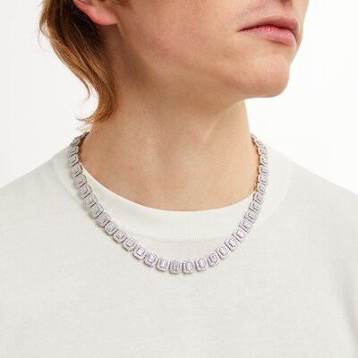 Solid Sterling Silver CZ Composite Rectangle Frame Necklace - 19.5"