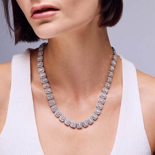 Solid Sterling Silver CZ Composite Rectangle Frame Necklace - 19.5"