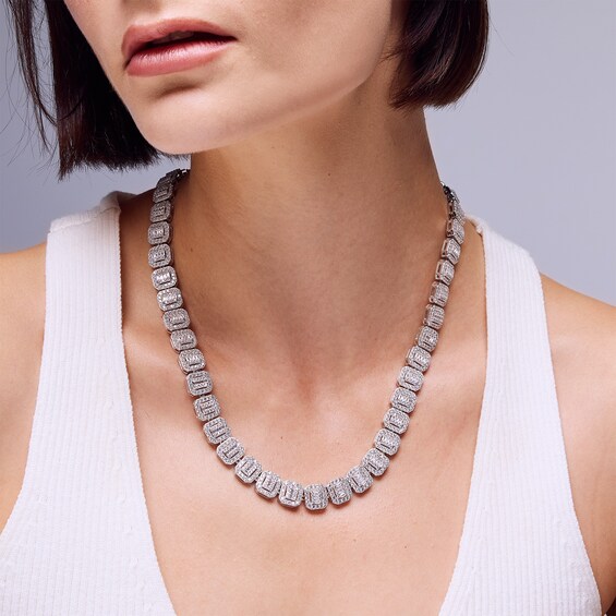 Solid Sterling Silver CZ Composite Rectangle Frame Necklace - 19.5"