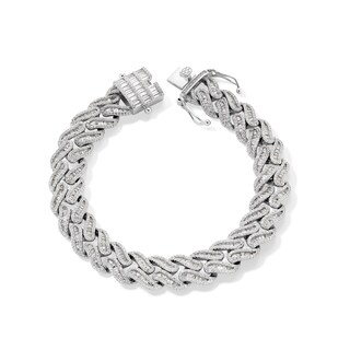 Solid Sterling Silver CZ Baguette and Round Curb-Style Chain Link Bracelet - 8.75"