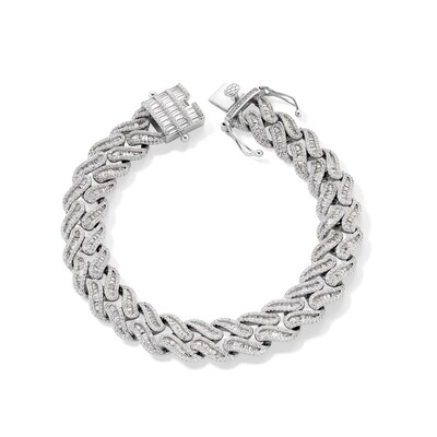 Solid Sterling Silver CZ Baguette and Round Curb-Style Chain Link Bracelet - 8.75"