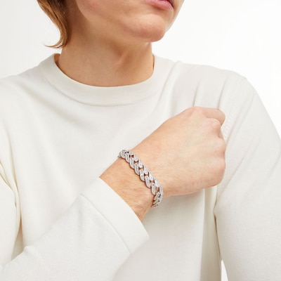 Solid Sterling Silver CZ Baguette and Round Curb-Style Chain Link Bracelet - 8.75"