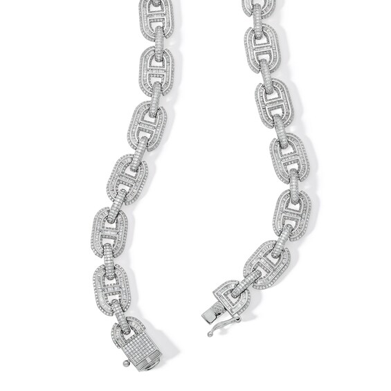 Solid Sterling Silver CZ Baquette and Round Mariner Chain Link Necklace - 20.5"