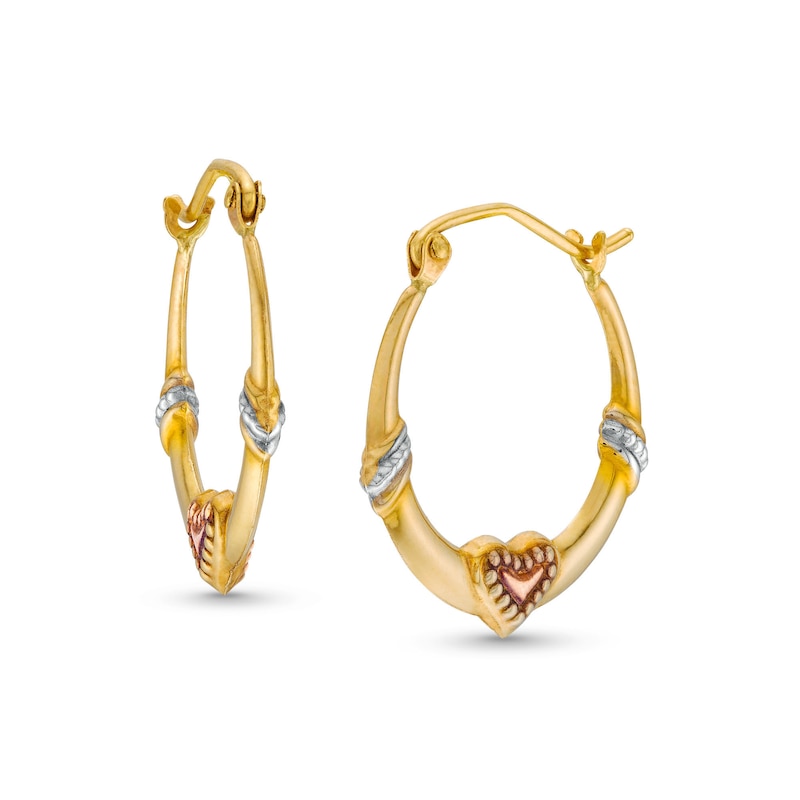 Main Image 1 of ​​​​​​​10K Hollow Gold Heart Tri-Color Hoops
