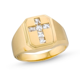 10K Hollow Gold CZ Signet Cross Ring - Size 10.5