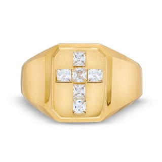 10K Hollow Gold CZ Signet Cross Ring - Size 10.5