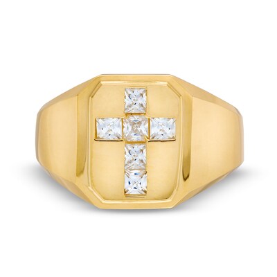 10K Hollow Gold CZ Signet Cross Ring - Size 10.5