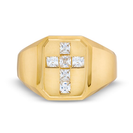 10K Hollow Gold CZ Signet Cross Ring - Size 10.5
