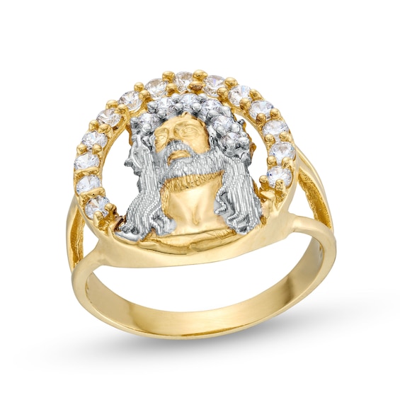 ​​​​​​​10K Hollow Gold CZ Halo Jesus Ring - Size 10.5