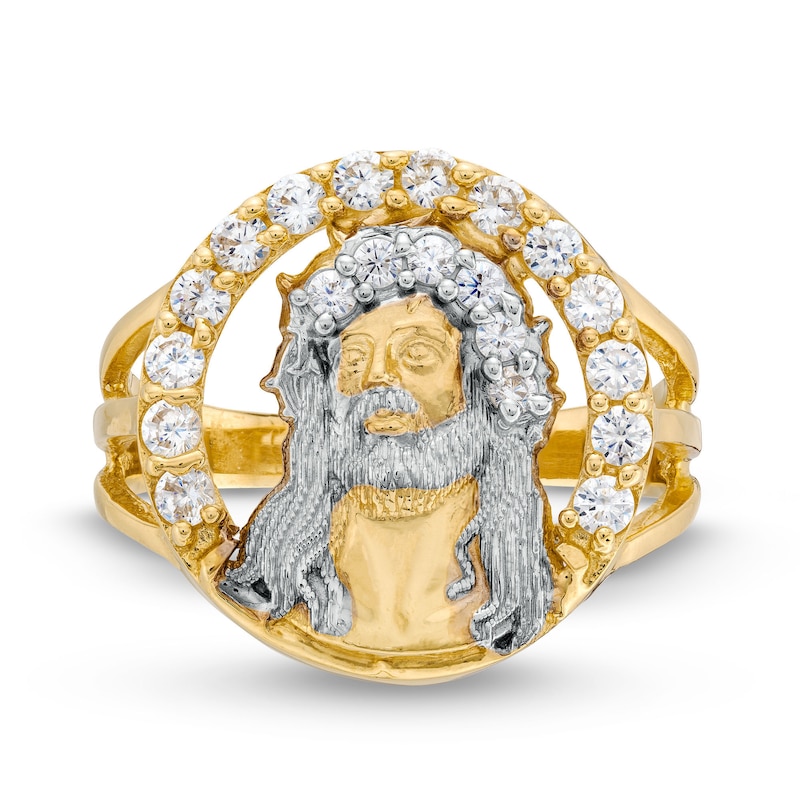 ​​​​​​​10K Hollow Gold CZ Halo Jesus Ring - Size 10.5