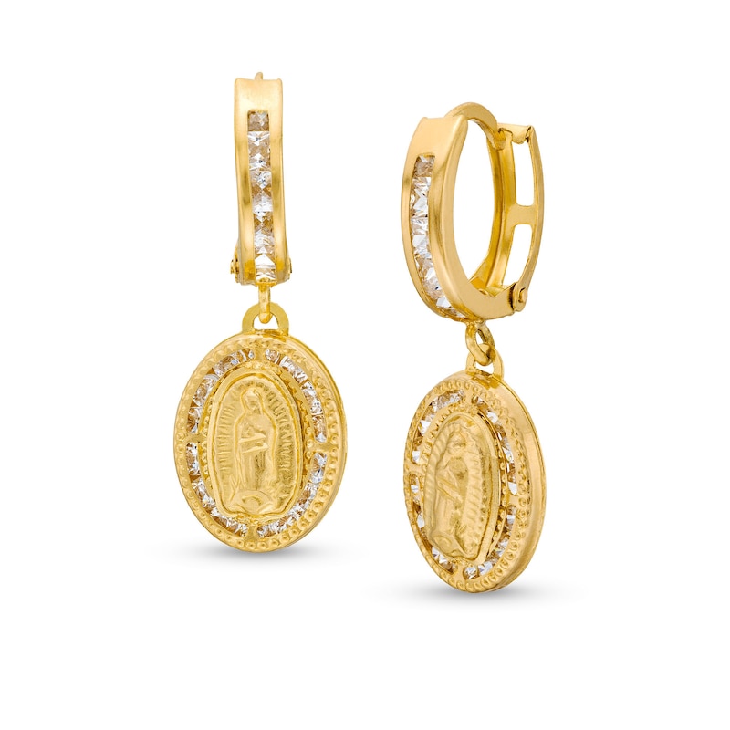 10K Semi-Solid Gold CZ Our Lady of Guadalupe Dangle Huggies