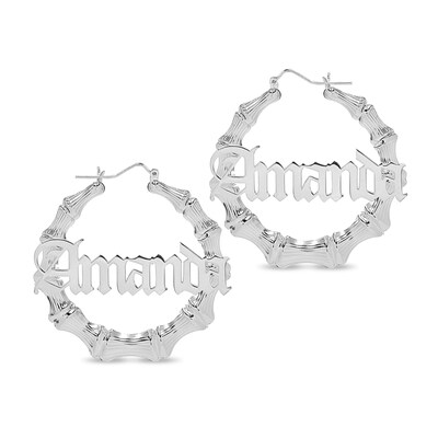 Personalized Gothic Name Bamboo Hoop Earrings in Sterling Silver