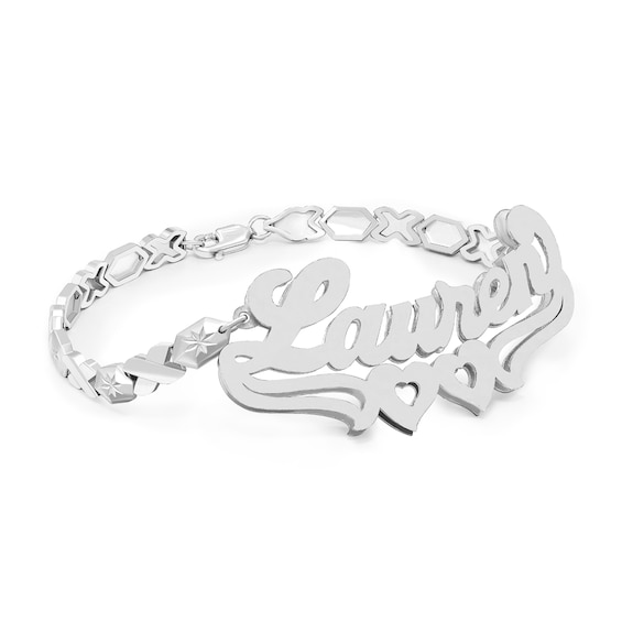 Sterling Silver Double Heart Stampato Nameplate Bracelet