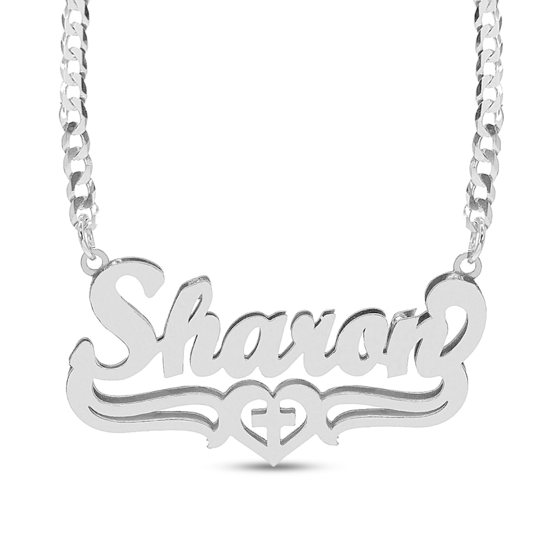 Sterling Silver Cross Heart Nameplate Necklace