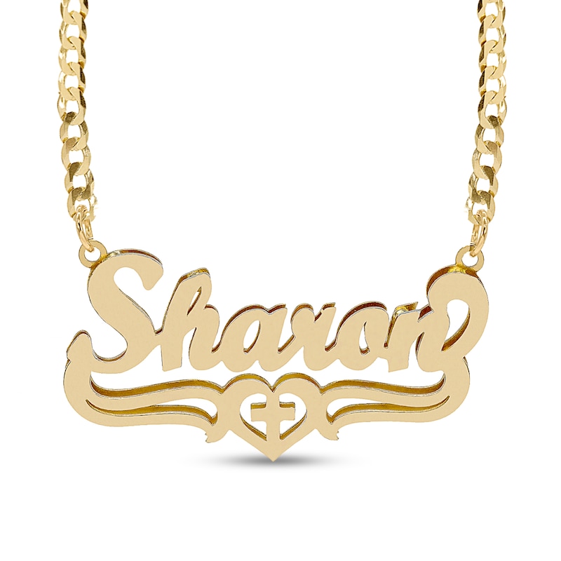 Main Image 1 of 14K Gold Plated Cross Heart Nameplate Necklace