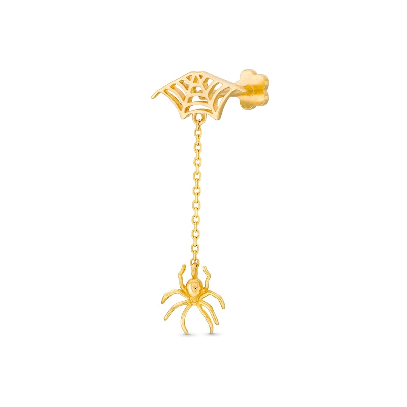 Main Image 2 of 14K Solid Gold Spider Web with Spider Dangle Stud - 18G 5/16"