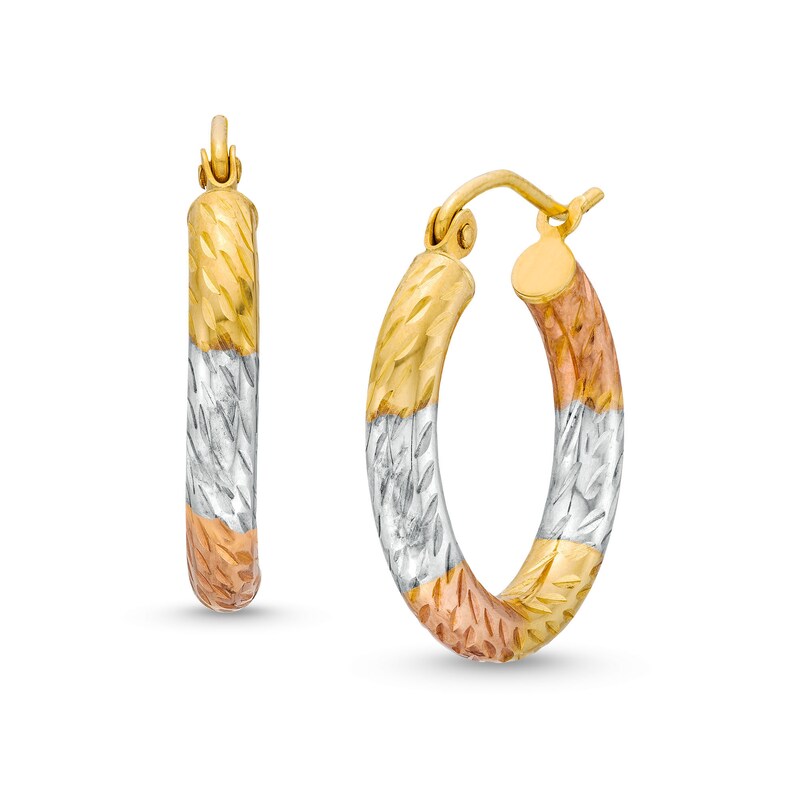 Main Image 1 of 10K Hollow Gold Diamond-Cut Tri-Color Hoops