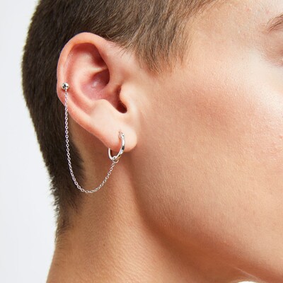 ​​​​​​​Sterling Silver Ball and Hoop Cable Chain Double Earring