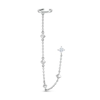 ​​​​​​​Sterling Silver CZ Princess-Cut Stud and Cable Chain Cuff Earring