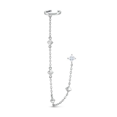 ​​​​​​​Sterling Silver CZ Princess-Cut Stud and Cable Chain Cuff Earring