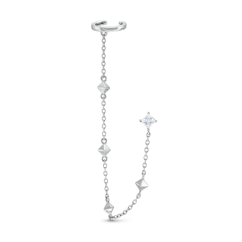 Sterling Silver CZ Princess-Cut Stud and Cable Chain Cuff Earring