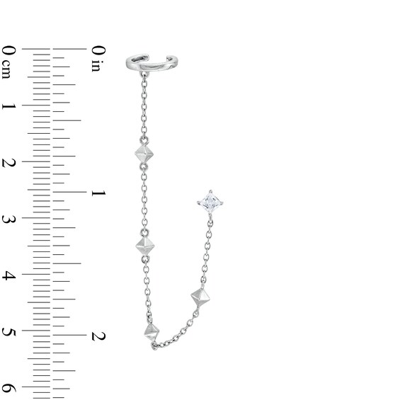 ​​​​​​​Sterling Silver CZ Princess-Cut Stud and Cable Chain Cuff Earring