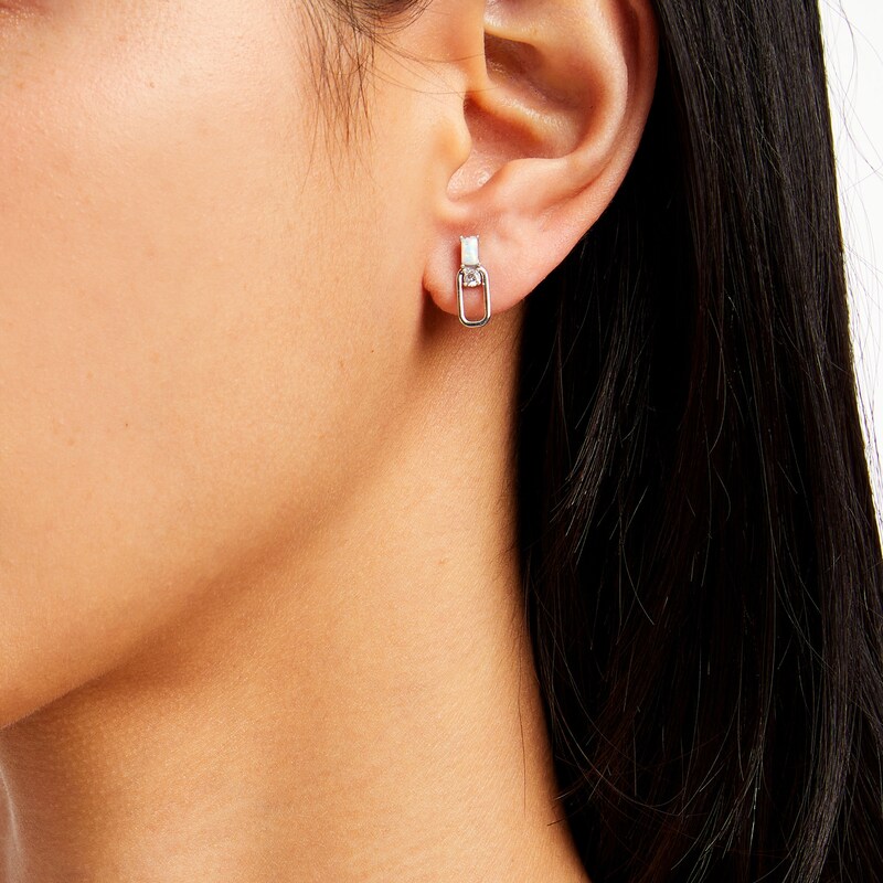 Sterling Silver Simulated Opal and CZ Oval Link Studs