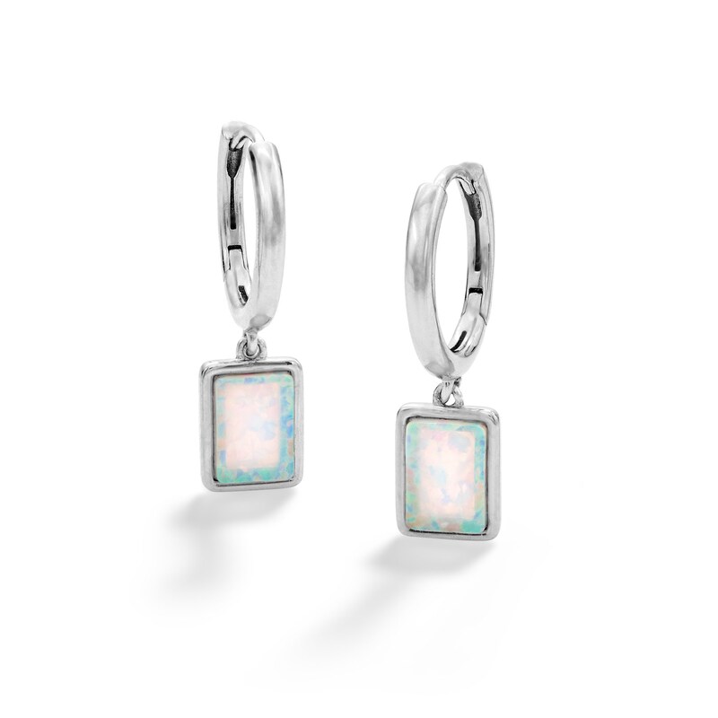 Sterling Silver Simulated Opal Rectangle Dangle Huggies