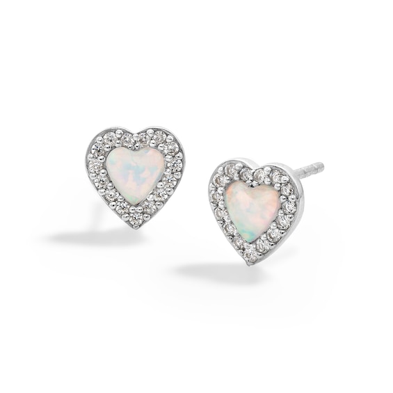 Sterling Silver Synthetic Opal and CZ Heart Studs