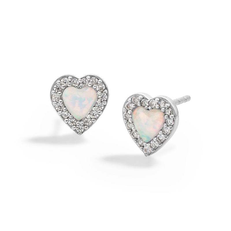 Sterling Silver Simulated Opal and CZ Heart Studs