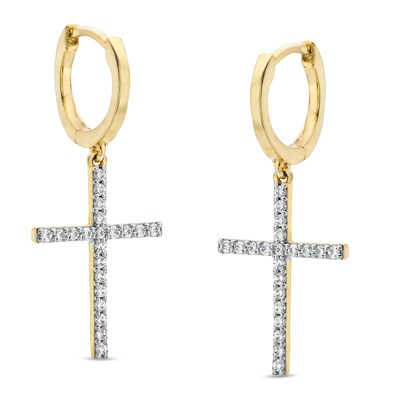 10K Solid Gold 1/4 CT. T.W. Diamond Cross Dangle Huggies