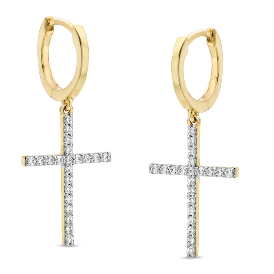 10K Solid Gold 1/4 CT. T.W. Diamond Cross Dangle Huggies