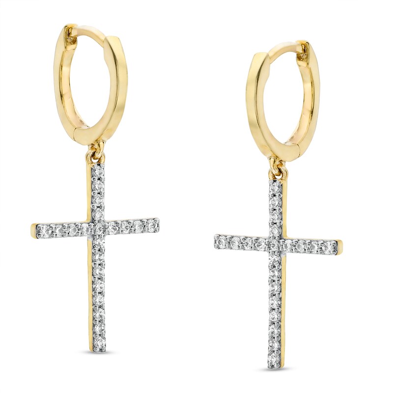10K Solid Gold 1/4 CT. T.W. Diamond Cross Dangle Huggies