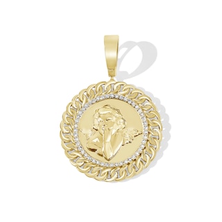 10K Solid Gold 1/5 CT. T.W. Diamond Cupid Curb Chain Medallion Charm