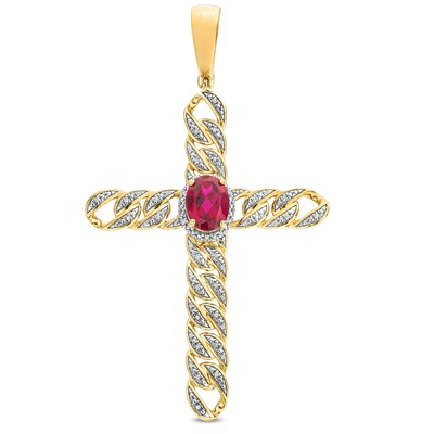 14K Gold Plated 1/6 CT. T.W. Diamond and Lab-Created Ruby Cross Charm