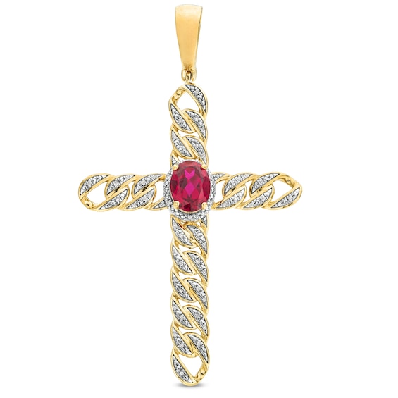 14K Gold Plated 1/6 CT. T.W. Diamond and Lab-Created Ruby Cross Charm