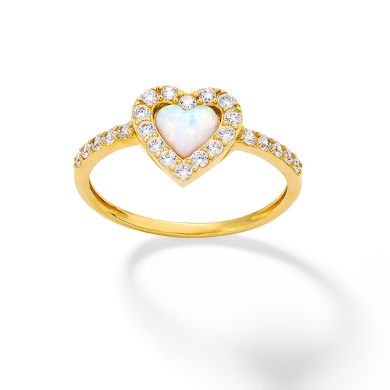 10K Solid Gold Simulated Opal and CZ Heart Ring - Size 7
