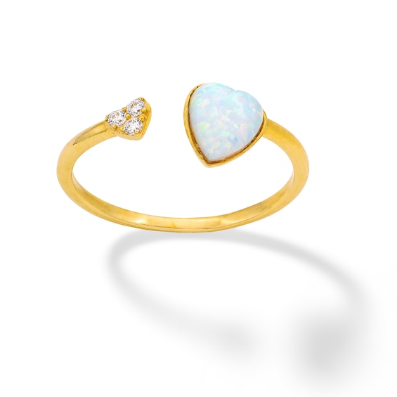 10K Solid Gold Simulated Opal and CZ Double Heart Open Ring - Size 7