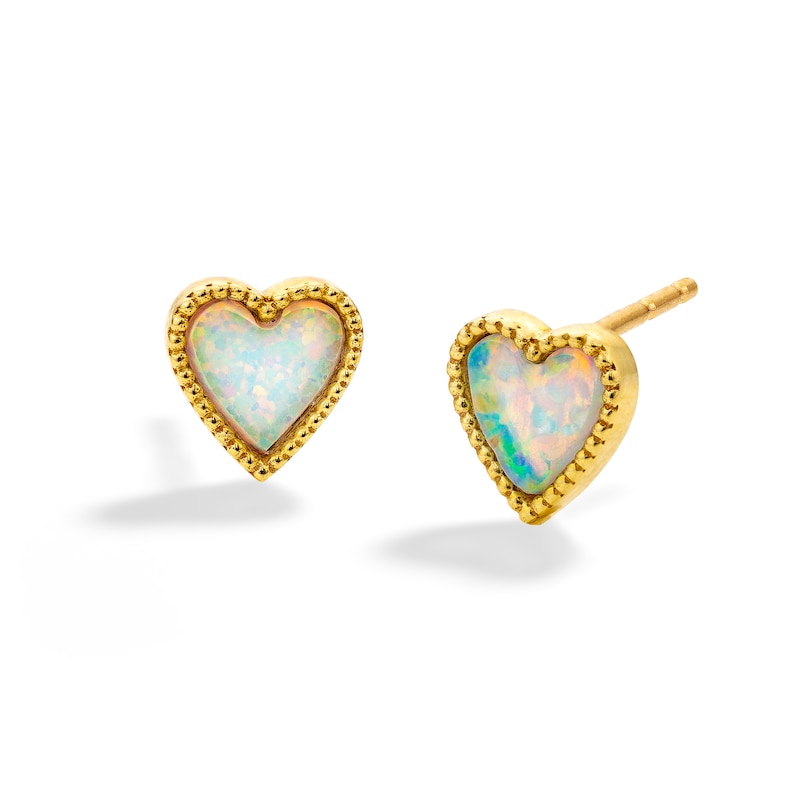 10K Solid Gold Simulated Opal Beaded Heart Studs