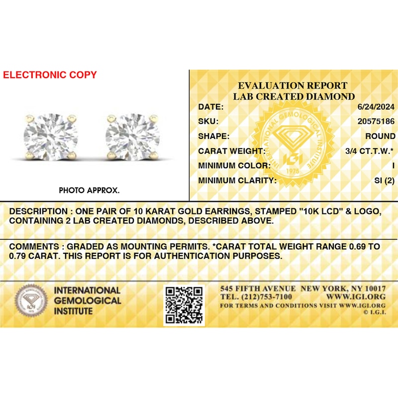 Main Image 6 of 10K Gold 3/4 CT. T.W. Lab-Grown Diamond Studs