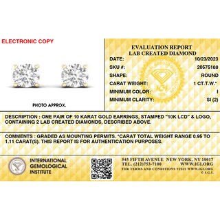 10K Solid Gold 1 CT. T.W. Lab-Grown Diamond Solitaire Studs